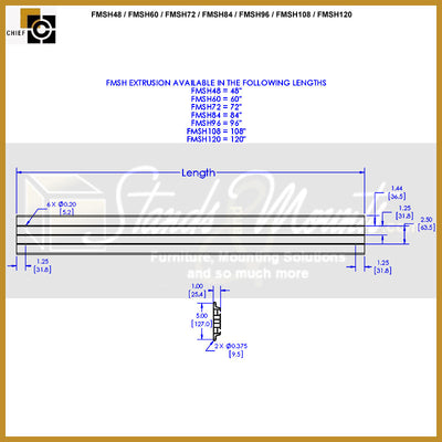 Chief Fusion Modular Extrusion Row FMSH36, video wall rail dimensions diagram