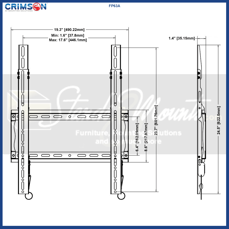 Crimson XL Fixed TV Wall Mount FP63A, tilting wall mount technical dimensions diagram