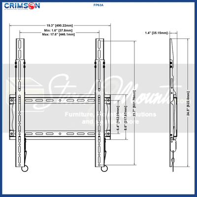 Crimson XL Fixed TV Wall Mount FP63A, tilting wall mount technical dimensions diagram