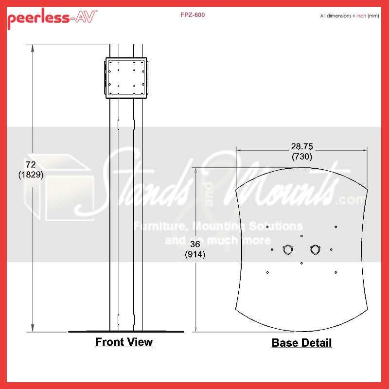 Peerless-AV Large TV Floor Pedestal FPZ-600, floor display stand technical dimensions diagram