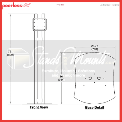 Peerless-AV Large TV Floor Pedestal FPZ-600, floor display stand technical dimensions diagram