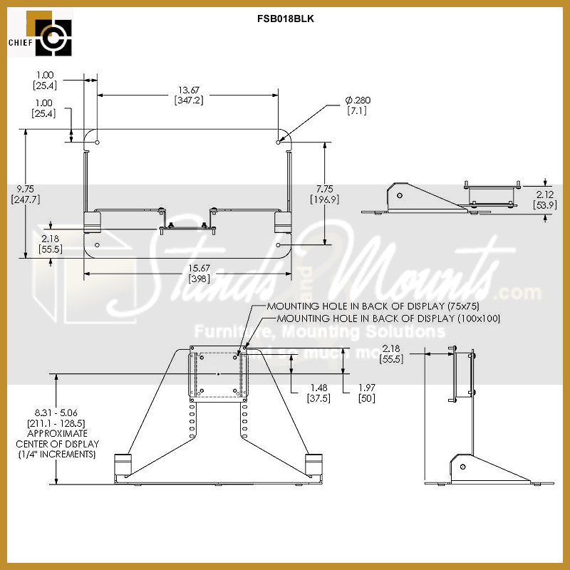 Chief FSB Series Small Flat Panel Desktop Stand FSB018BLK, floor stand base bracket dimensions diagram