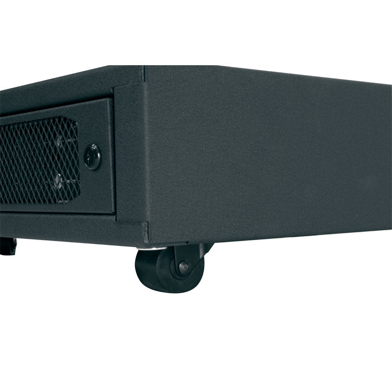 Middle Atlantic Forward UPS Caster Base FWD-CBS-2KVA-BGR38, equipment rack side panel and caster in close-up