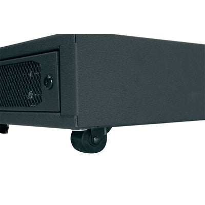 Middle Atlantic Forward UPS Caster Base FWD-CBS-2KVA-BGR38, equipment rack side panel and caster in close-up