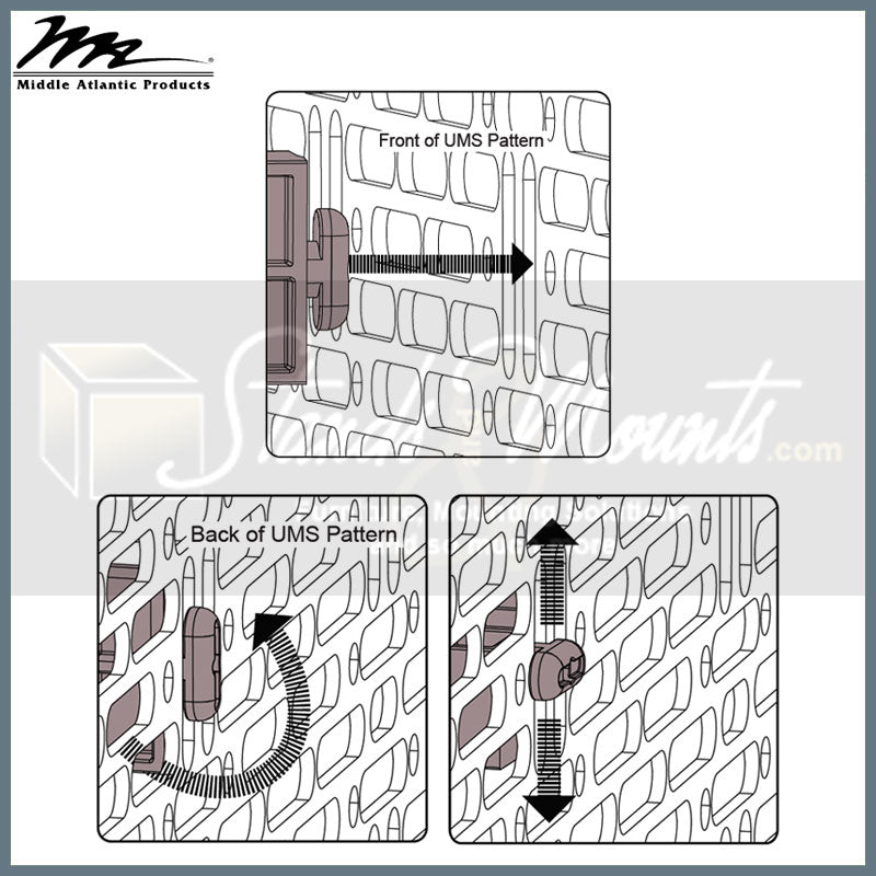Middle Atlantic Forward Cable Management FWD-D-RING, rack enclosure mounting pattern adjustment diagram
