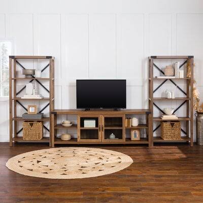 View a larger image of the Walker Edison Metal X Accent Wall with 70 in. Glass Door TV Console (Reclaimed Barnwood) GW70MX2RO here.