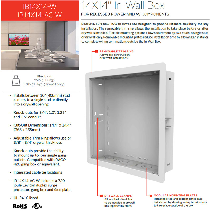 Peerless-AV In-wall Storage Box IB14X14-AC-W, recessed in-wall box feature overview