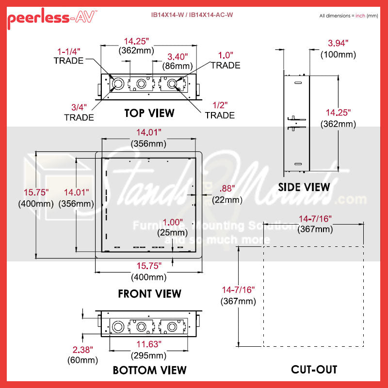 Peerless-AV In-wall Storage Box IB14X14-AC-W, recessed in-wall box dimensions diagram