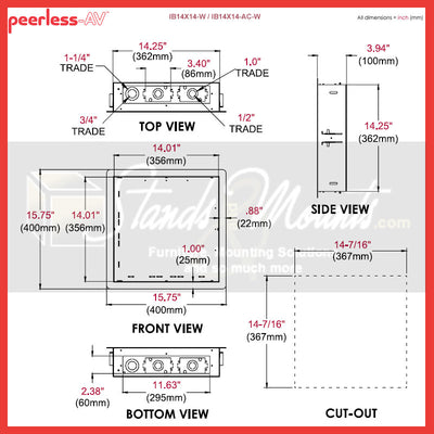 Peerless-AV In-wall Storage Box IB14X14-AC-W, recessed in-wall box dimensions diagram