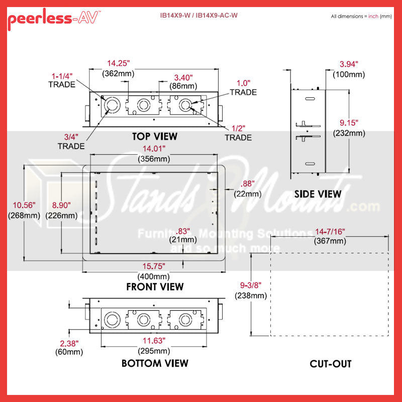 Peerless-AV In-wall Storage Box IB14X9-AC-W, in-wall equipment box dimensions diagram
