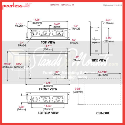 Peerless-AV In-wall Storage Box IB14X9-AC-W, in-wall equipment box dimensions diagram