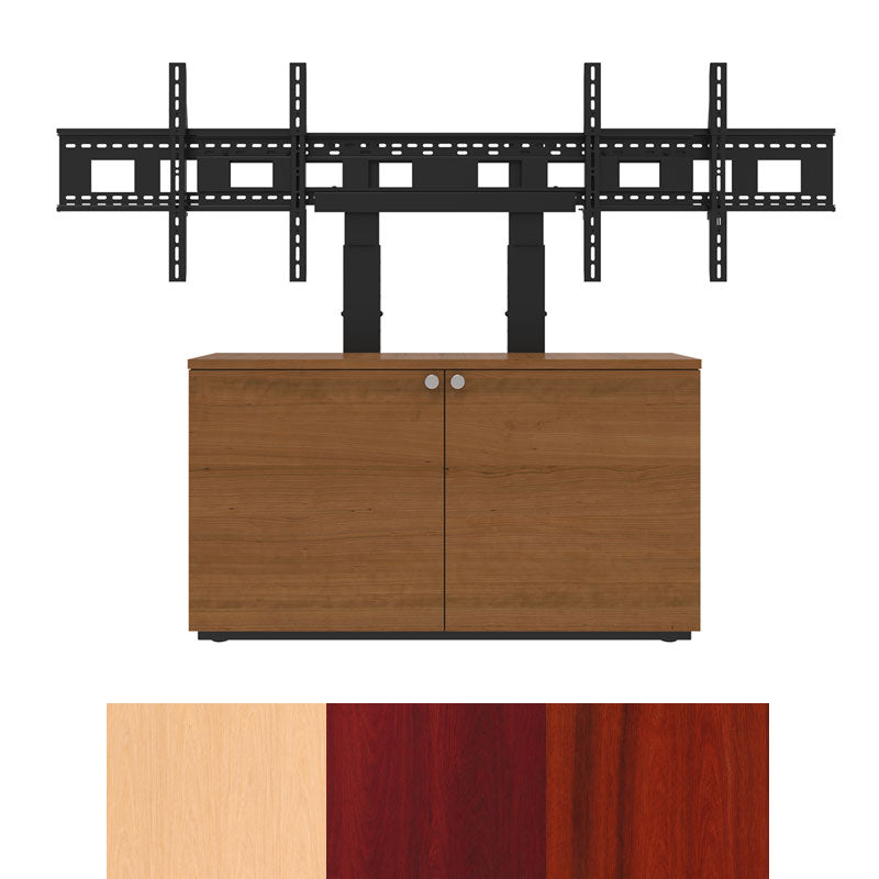 iCartTX Thin Credenza CRED2VTHIN-D, dual-display mount on media cabinet with finish swatches