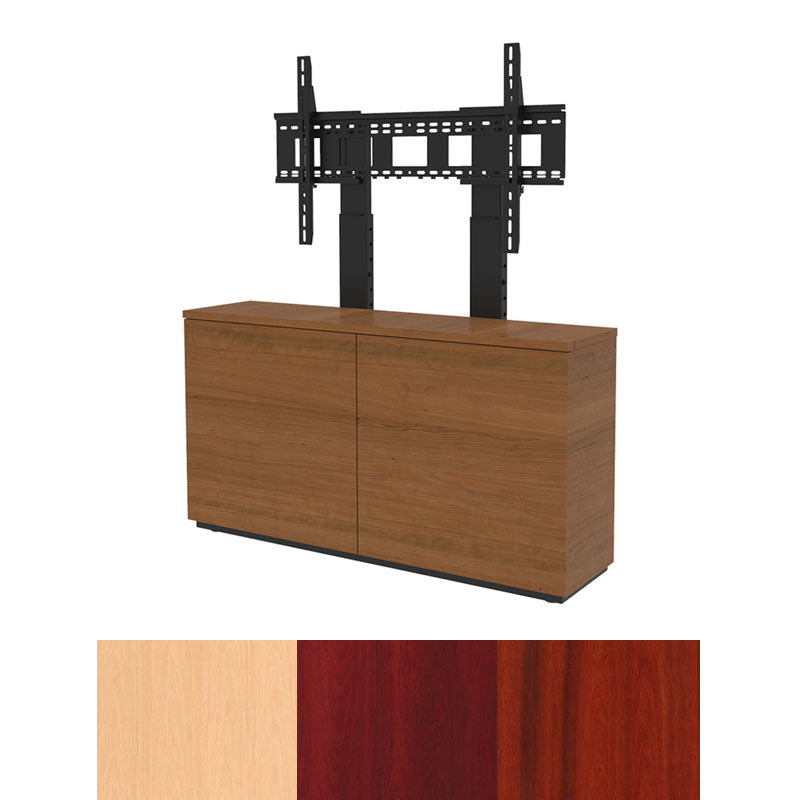 iCartTX Thin Credenza CRED2VTHIN-S, display mount on media cabinet with finish swatches