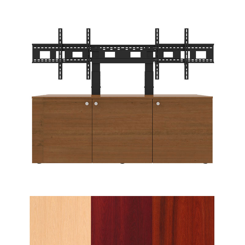 iCartTX Credenza CRED3V-D, multi-display mount on media cabinet with finish swatches