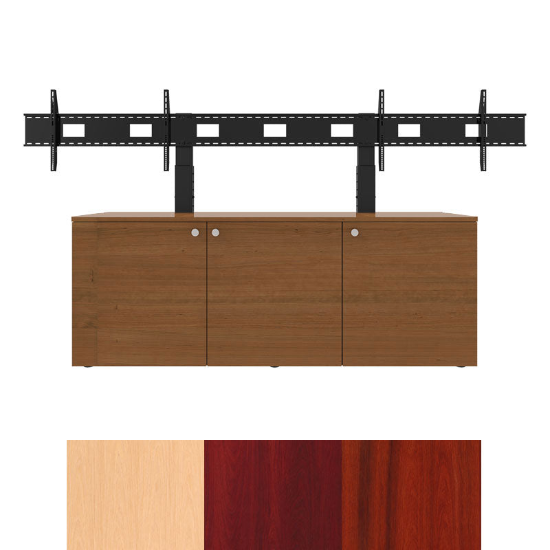 iCartTX Credenza CRED3V-DX, triple-display credenza stand front view with finish options