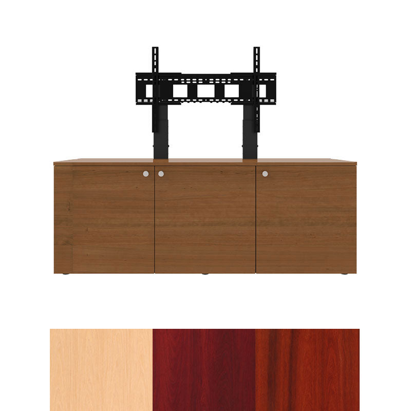 iCartTX Credenza CRED3V-S, triple-display mount above wood cabinet with finish swatches