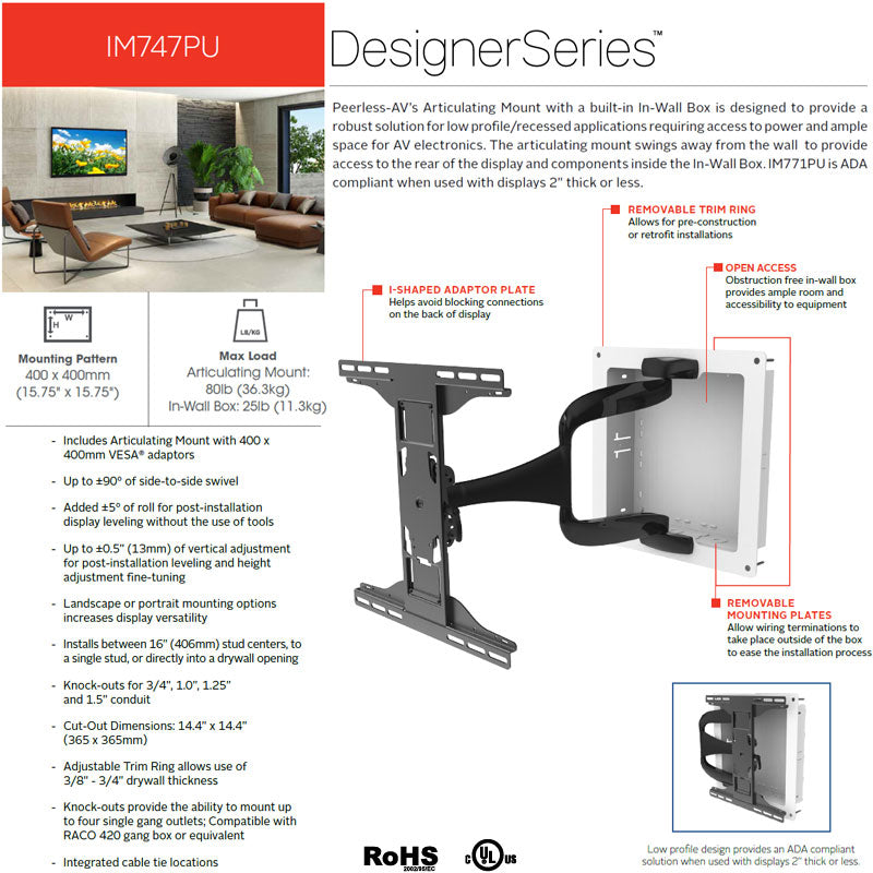 Peerless-AV Large Designer Articulating TV Mount IM747PU, in-wall articulating TV mount features diagram