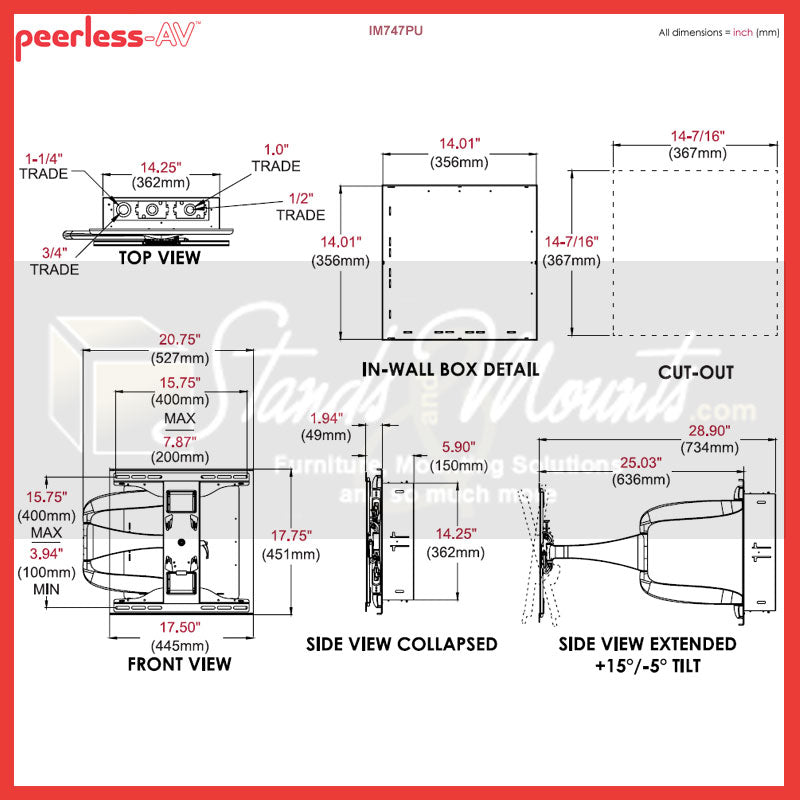 Peerless-AV Large Designer Articulating TV Mount IM747PU, in-wall articulating TV mount dimensions diagram