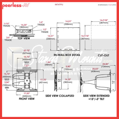 Peerless-AV Large Designer Articulating TV Mount IM747PU, in-wall articulating TV mount dimensions diagram
