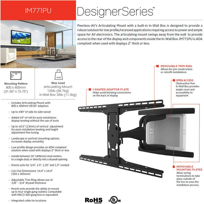 Peerless-AV XL Designer Articulating TV Mount IM771PU, in-wall articulating TV mount features diagram