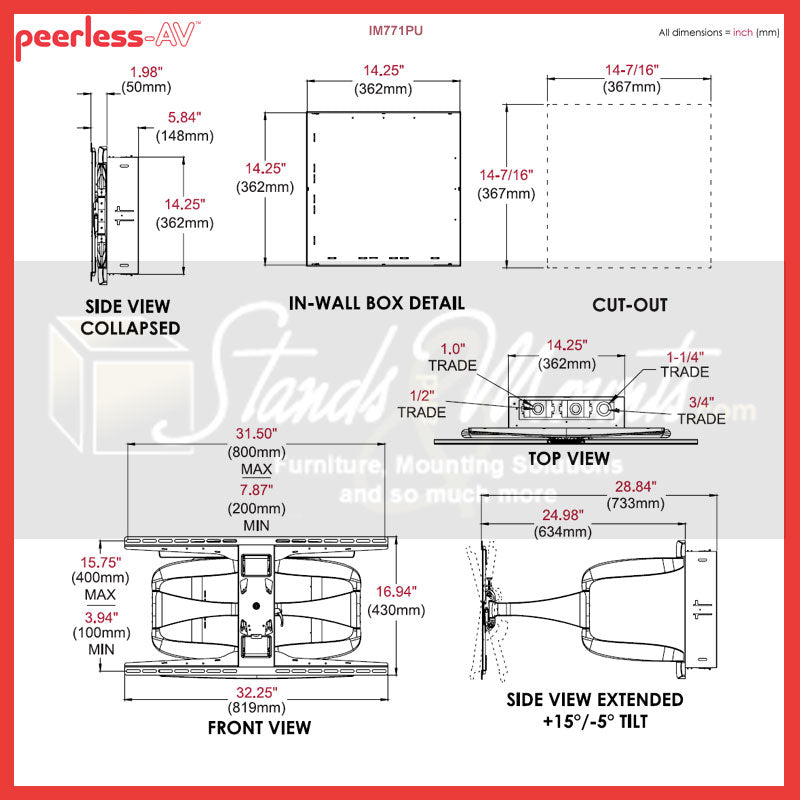 Peerless-AV XL Designer Articulating TV Mount IM771PU, in-wall articulating TV mount dimensions diagram