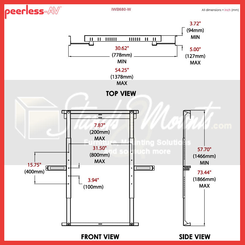 Peerless-AV Over the Chalkboard Interactive Display Mount IWB680-W, touch display wall mount technical dimensions diagram