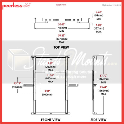 Peerless-AV Over the Chalkboard Interactive Display Mount IWB680-W, touch display wall mount technical dimensions diagram