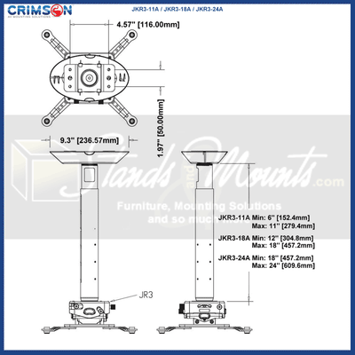 Crimson Adjustable Height Projector Ceiling Mount JKR3-24A, projector mount dimensions diagram
