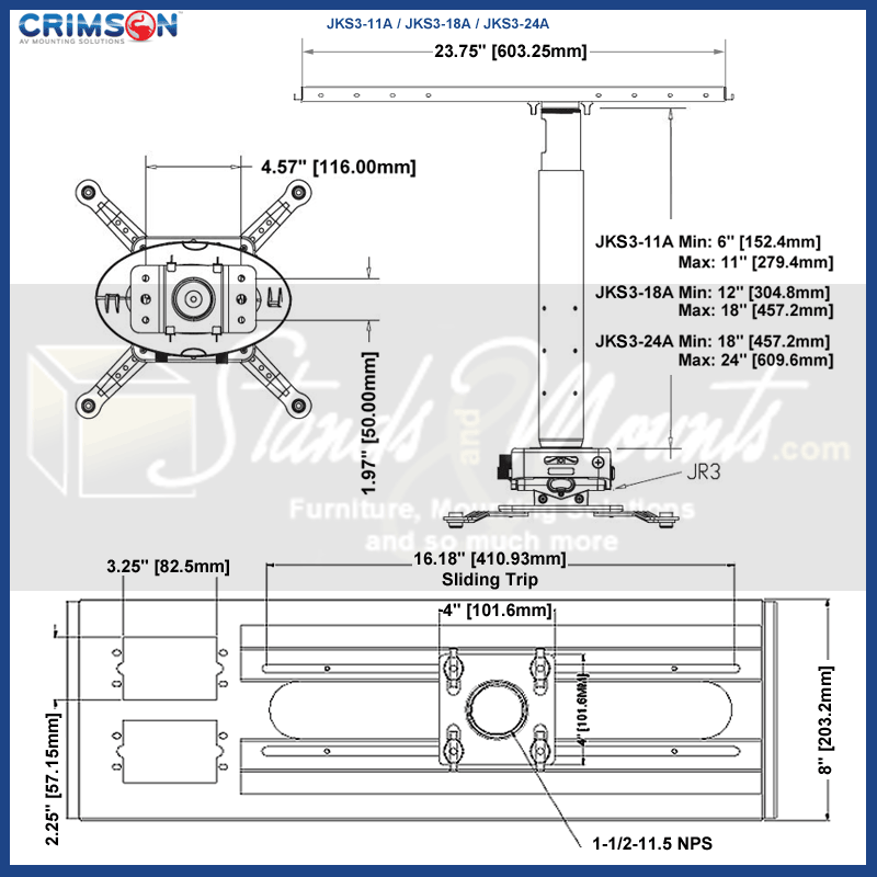 Crimson Adj Height Suspended Ceiling Projector Kit JKS3-24A, projector mount dimensions diagram