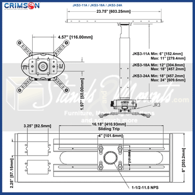 Crimson Adj Height Suspended Ceiling Projector Kit JKS3-24A, projector mount dimensions diagram