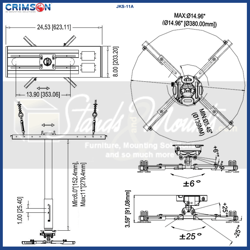 Crimson Adj Height Suspended Ceiling Projector Kit JKS-11A, projector ceiling mount dimensions and rotation ranges