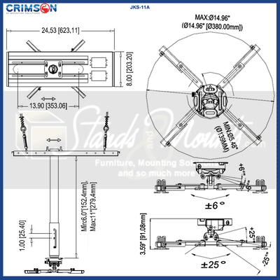 Crimson Adj Height Suspended Ceiling Projector Kit JKS-11A, projector ceiling mount dimensions and rotation ranges