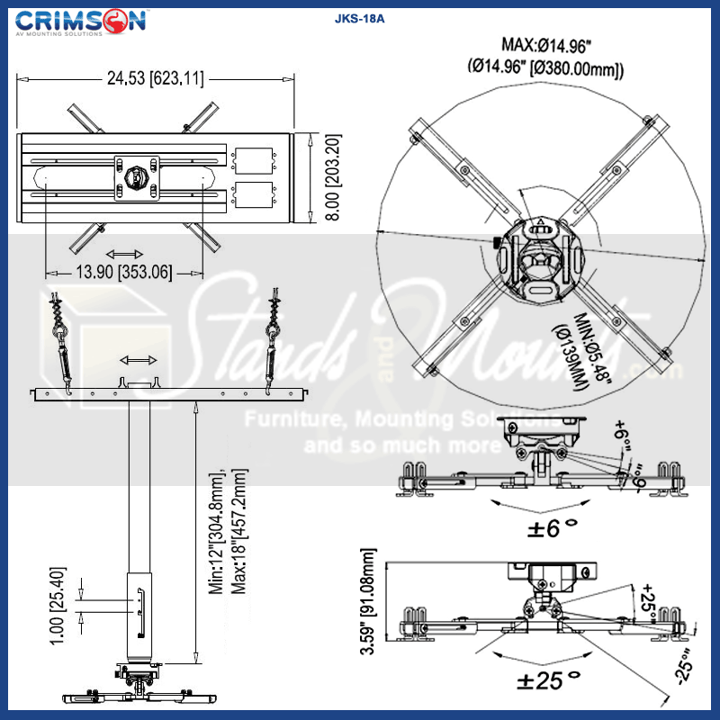 Crimson Adj Height Suspended Ceiling Projector Kit JKS-18A, articulating wall mount technical dimensions diagram