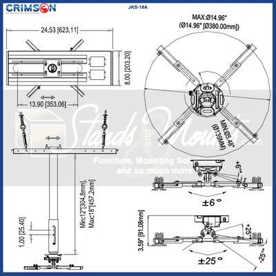 Crimson Adj Height Suspended Ceiling Projector Kit JKS-18A, articulating wall mount technical dimensions diagram
