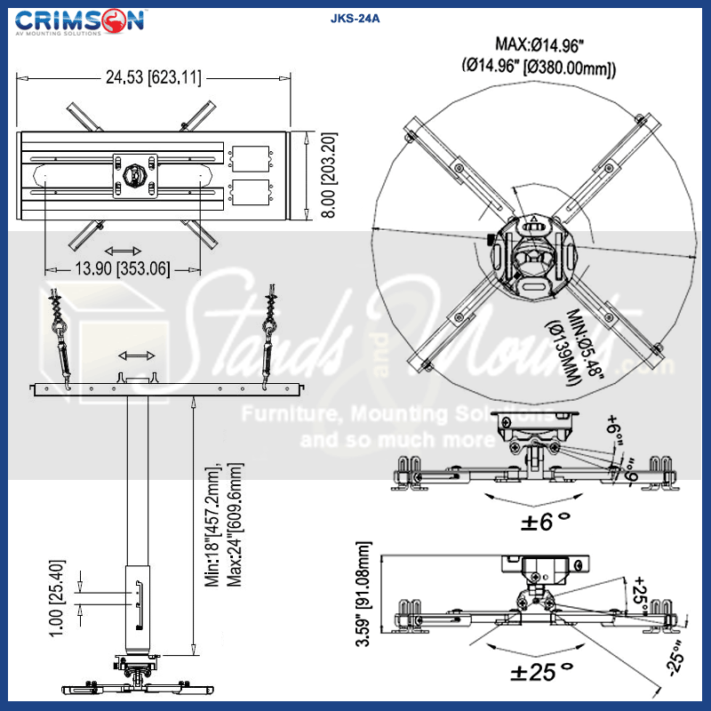 Crimson Adj Height Suspended Ceiling Projector Kit JKS-24A, ceiling projector mount technical dimensions diagram
