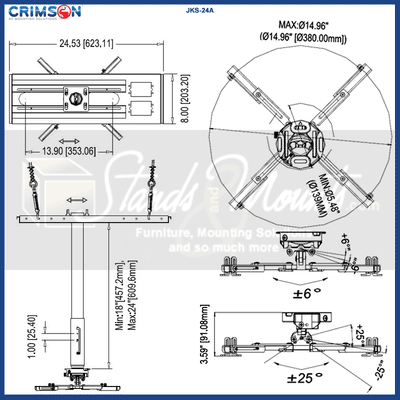 Crimson Adj Height Suspended Ceiling Projector Kit JKS-24A, ceiling projector mount technical dimensions diagram