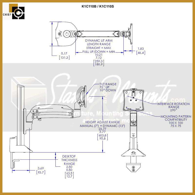 Chief Kontour Dynamic Column Desk Mount K1C110S, articulating display wall mount dimensions diagram