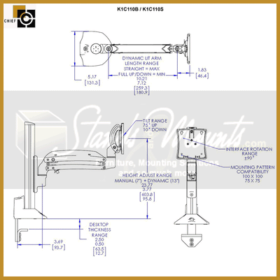 Chief Kontour Dynamic Column Desk Mount K1C110S, articulating display wall mount dimensions diagram