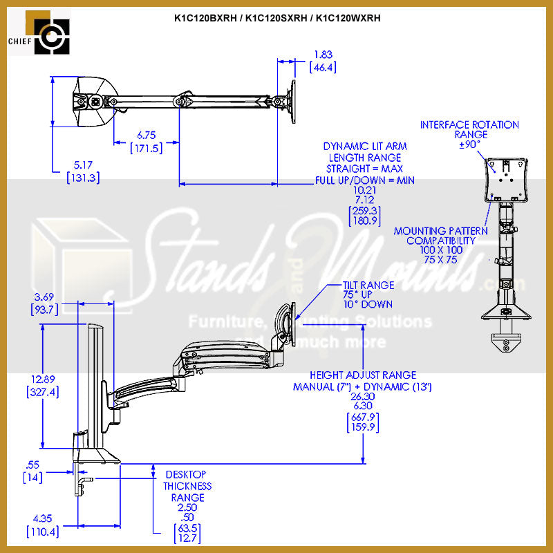 Chief Kontour Single Dynamic Column Desk Mount K1C120SXRH, articulating wall mount technical dimensions