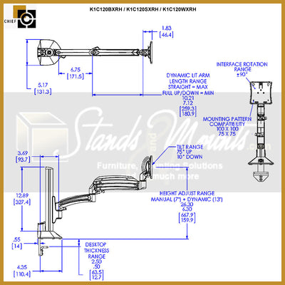 Chief Kontour Single Dynamic Column Desk Mount K1C120SXRH, articulating wall mount technical dimensions