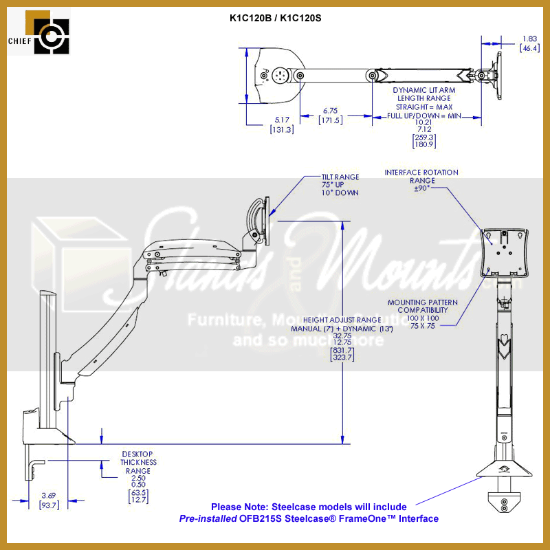 Chief Kontour K1C120S with Steelcase FrameOne Interface K1C120SXF1, articulating monitor arm dimensions diagram