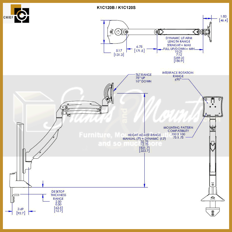 Chief Kontour Dynamic Column Desk Mount K1C120S, monitor arm dimensions diagram