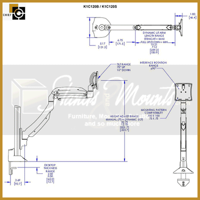 Chief Kontour Dynamic Column Desk Mount K1C120S, monitor arm dimensions diagram
