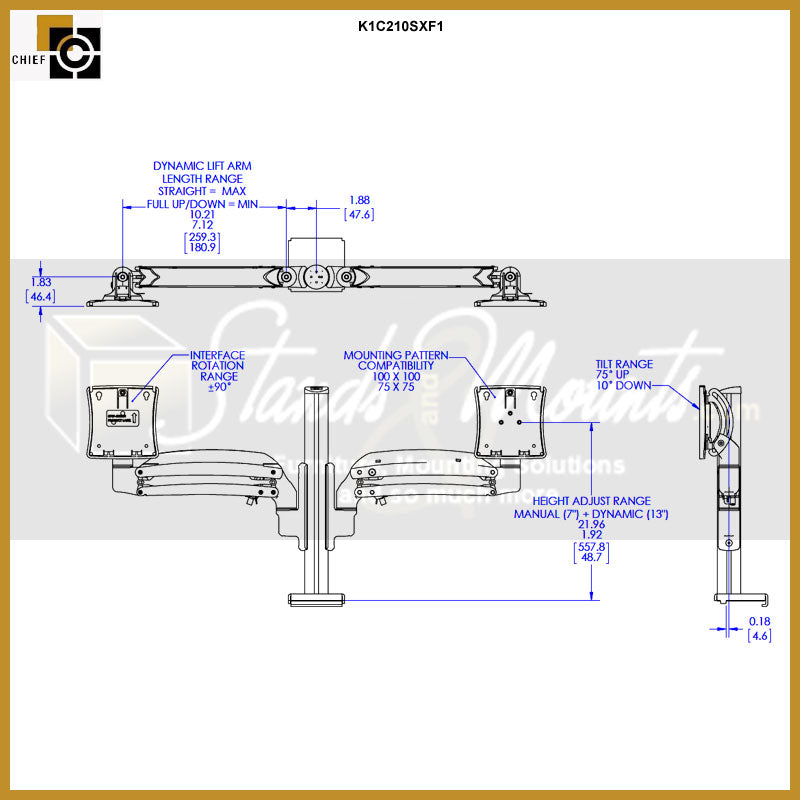 Chief Kontour K1C210S & Steelcase FrameOne Interface K1C210SXF1, dual-display ceiling mount technical dimensions