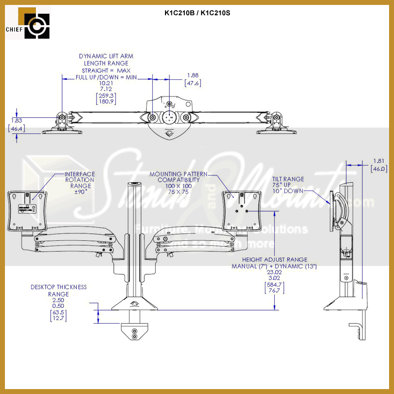 Chief Kontour Dynamic Column Desk Mount K1C210B, articulating dual-display mount technical dimensions