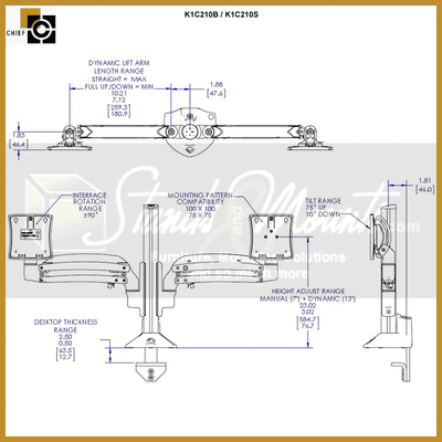 Chief Kontour Dynamic Column Desk Mount K1C210B, articulating dual-display mount technical dimensions