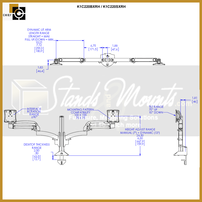 Chief Kontour Dual Dynamic Column Desk Mount K1C220SXRH, dual monitor arm dimensions diagram