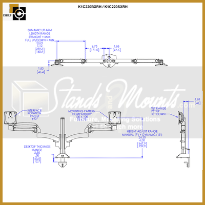 Chief Kontour Dual Dynamic Column Desk Mount K1C220SXRH, dual monitor arm dimensions diagram