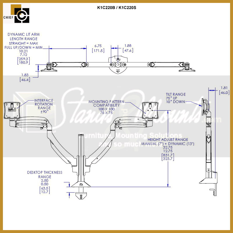 Chief Kontour Dynamic Column Desk Mount K1C220B, dual-monitor dynamic arm dimensions diagram