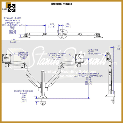 Chief Kontour Dynamic Column Desk Mount K1C220B, dual-monitor dynamic arm dimensions diagram